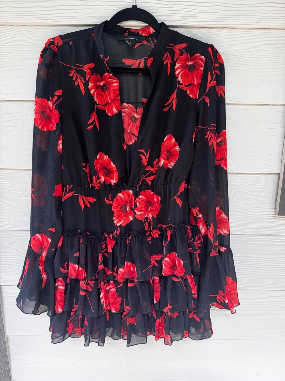 Forever 21 Black Dress Red Floral Print whimsical romantic boho